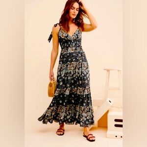Free People Floral Maxi Dress in Black and Blue